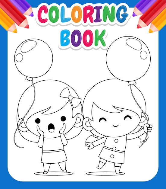 벡터 아이들을위한 색칠하기 책. 만화 두 귀여운 소녀 풍선 색칠 페이지를 들고
