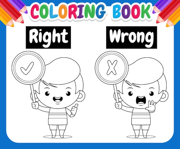 아이들을위한 색칠하기 책. 귀여운 소년 반대 단어 바로 잘못