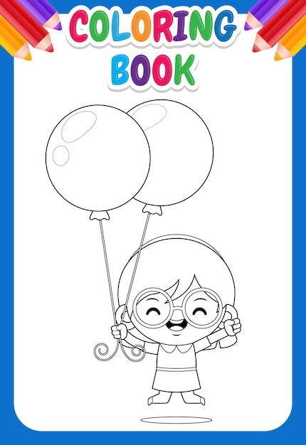 Вектор Книжка-раскраска для детей милая девочка прыгает с воздушным шаром
