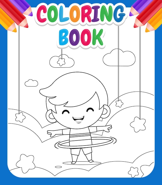 Книжка-раскраска для детей. милый маленький мальчик играет с обручем на облаке