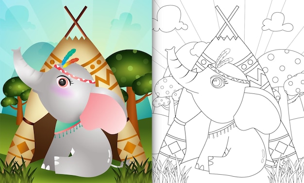 Книжка-раскраска для детей с милой иллюстрацией персонажа слона в стиле бохо