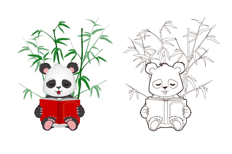 Vector coloring book: funny little panda holding a book in his hands. vector ,illustration in cartoon style, black and white lineart
