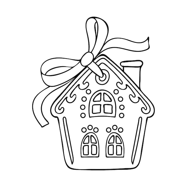 Coloring book gingerbread house with a ribbon bow Christmas sweet Happy New Year Hand drawn line art illustration Coloring page for kids and adults