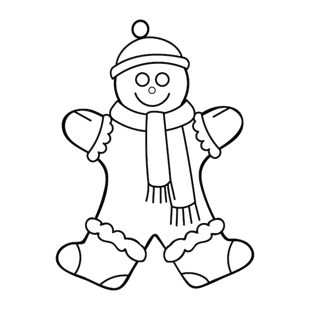 Coloring book gingerbread men Christmas sweet Happy New Year Character in winter clothes Hand drawn line art illustration Coloring page for kids and adults