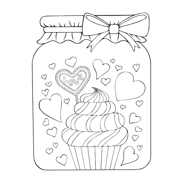 Coloring book glass jar line art Sweet Valentine cupcake hearts Hand drawn vector illustration