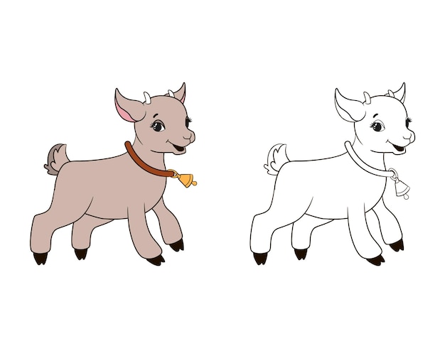 Coloring book, the goat jumps merrily, ringing the bell. Vector illustrations in cartoon style, line art for the little ones