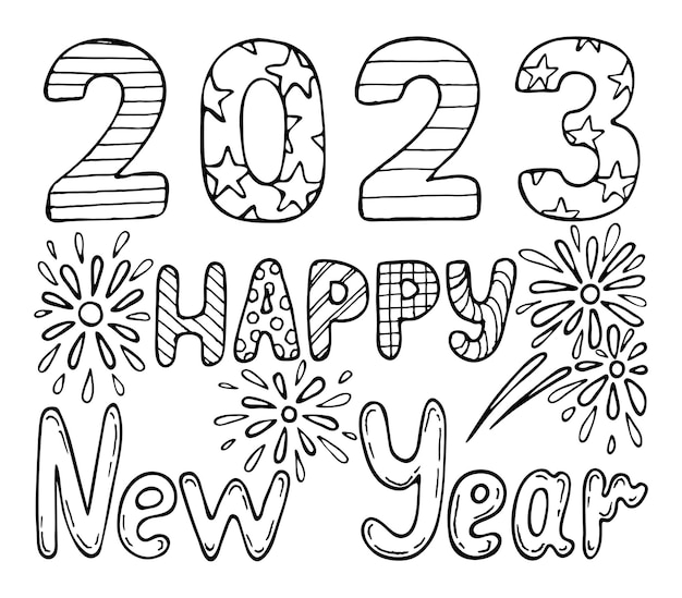 Coloring book Happy New Year 2023 Hand drawn line art Festive black white illustration Coloring page for kids and adults