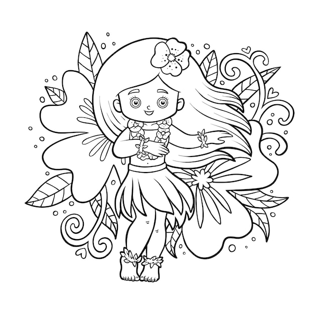 Vector coloring book hawaiian girl dancing hula