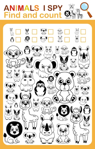 Coloring book i spy count and color zoo animal printable worksheet for kindergarten and preschool