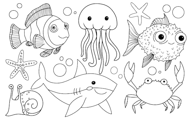 カラフルな海生物のイラスト メドゥーシュ カニ サメ 魚 ベクトルイラスト