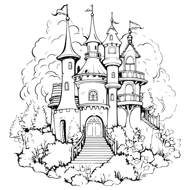 Coloring book illustration fantasy castle kawaii coloring page