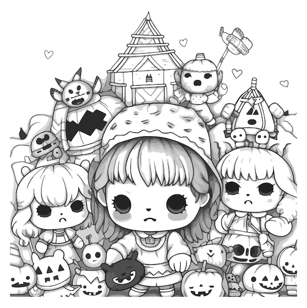 Coloring book illustration Halloween kawaii 01