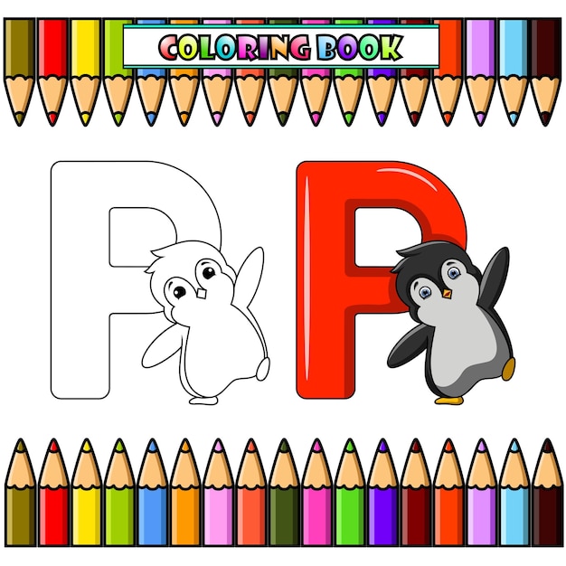 Vettore libro da colorare illustrazione della lettera p per penguin