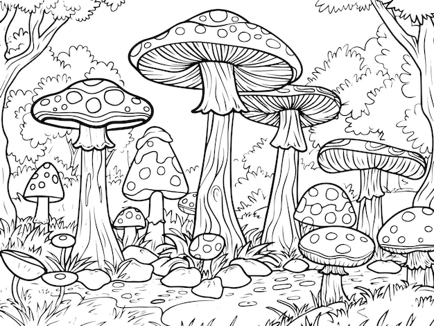 Coloring book image mushroom forest vector generative ai