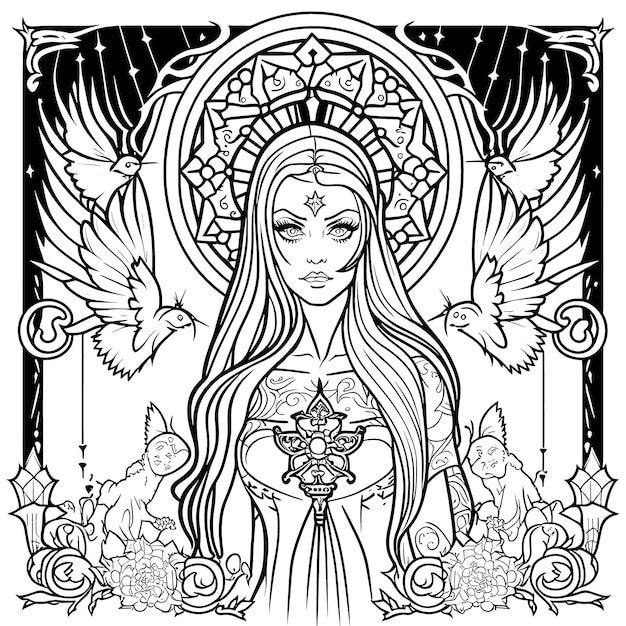 Coloring book The image of a princess with a beautiful Hand drawn princess zentangle and mandala style