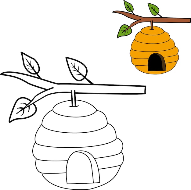 Coloring book for kids beehive on a branch