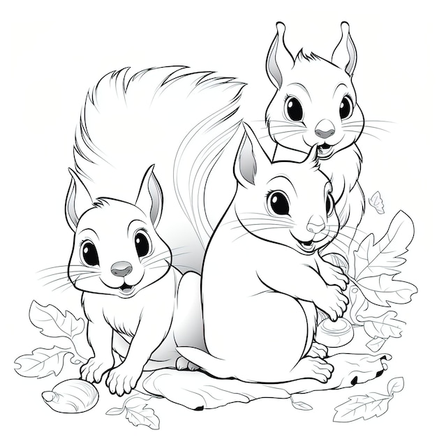 Vector coloring book for kids black and white cartoon baby squirrels