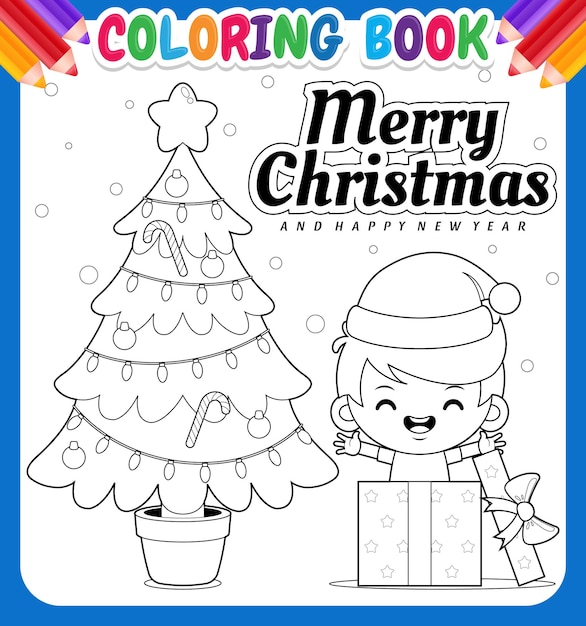 Coloring book for kids boy in gift box celebrating christmas and new year