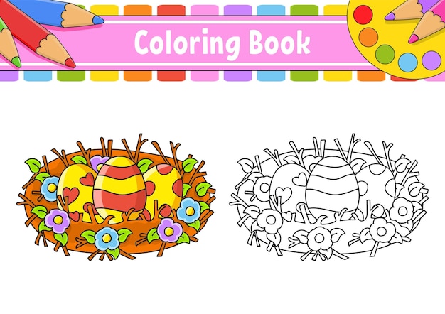 Coloring book for kids cartoon character Black contour silhouette Easter theme