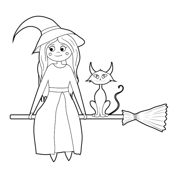 Coloring book for kids cartoon witch flying on a broom with a cat