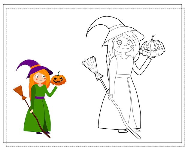 coloring book for kids cartoon witch holding a pumpkin