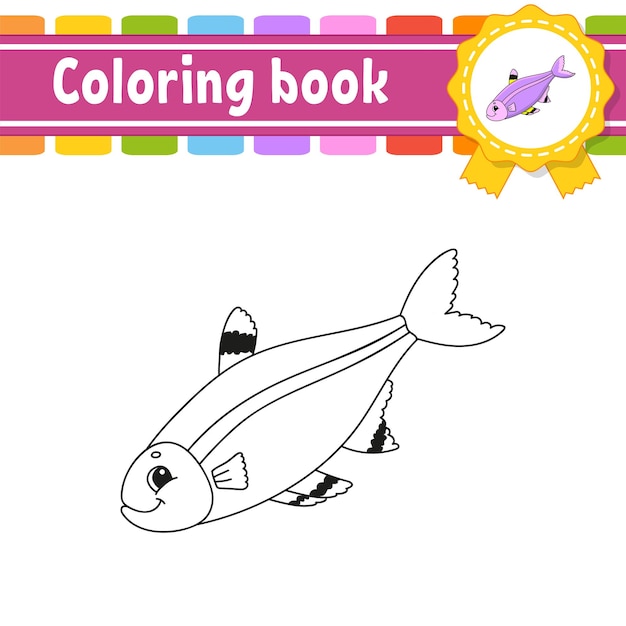 Coloring book for kids Cheerful character Cute cartoon style Black contour silhouette