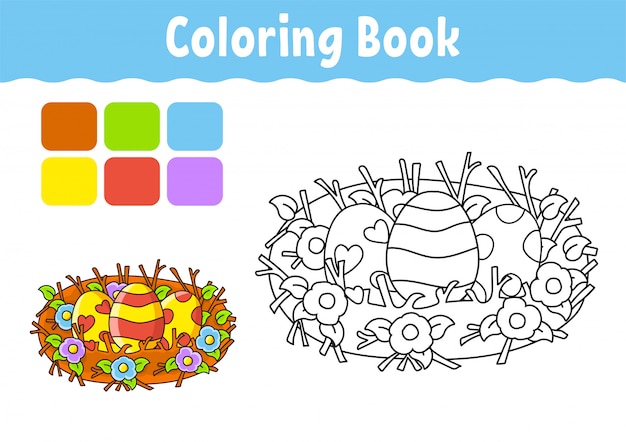 Libro da colorare per bambini. carattere allegro. nido di pasqua. stile cartone animato carino.