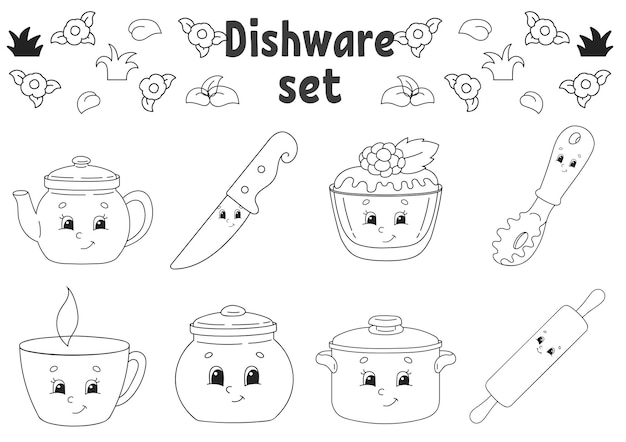 Coloring book for kids Cheerful characters Dishware theme Vector illustration Cute cartoon style