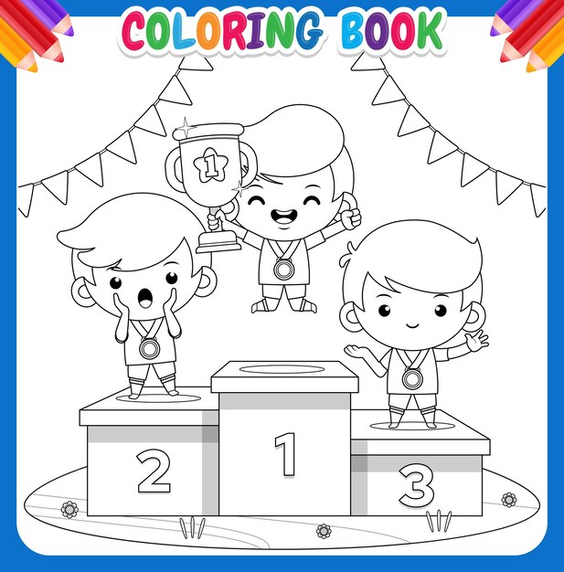 Vector coloring book for kids cute boy athletes as sport competition winners standing on podium