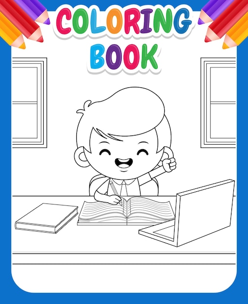 Libro da colorare per bambini cute boy happy studying in class