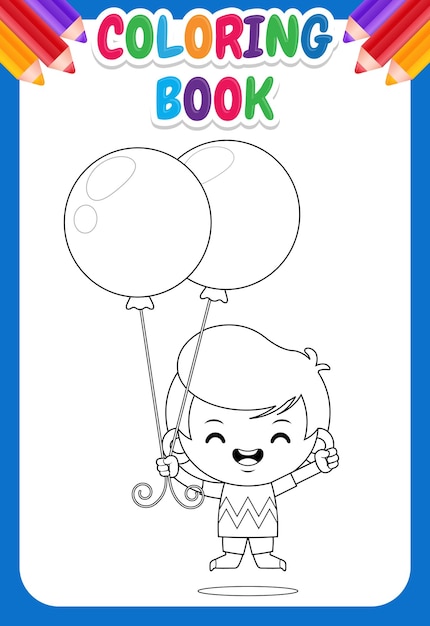 Coloring book for kids cute boy jump with balloon