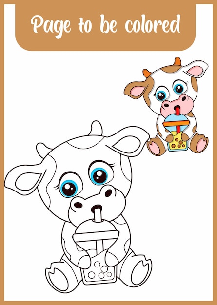 Coloring book for kids cute cow drink