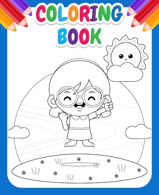 Coloring book for kids cute girl happy jump