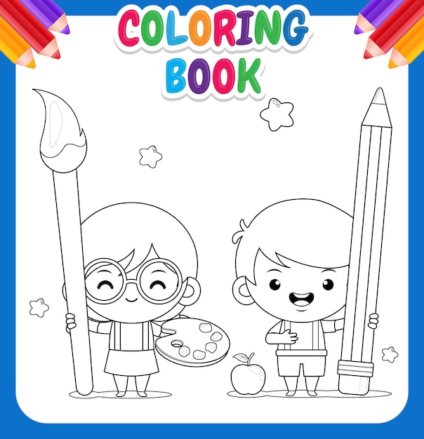 Vettore libro da colorare per bambini cute girl holding big painting brush e boy holding big pencil