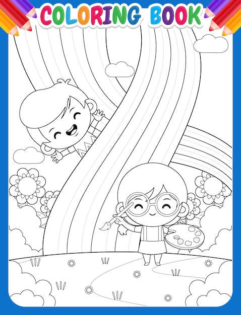 Vector coloring book for kids. cute girl painting rainbow with happy boy