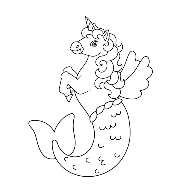 Libro da colorare per bambini simpatico unicorno sirena personaggio dei cartoni animati illustrazione vettoriale sagoma di contorno nera isolata su sfondo bianco