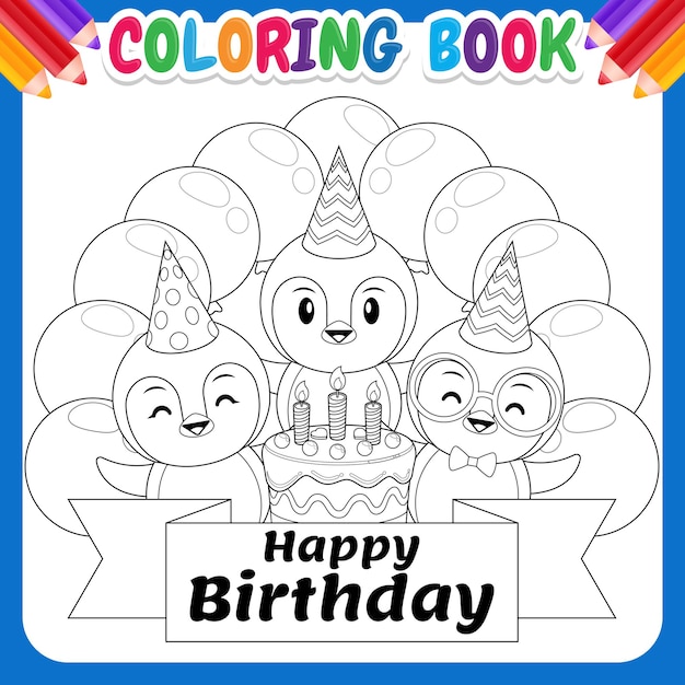 Libro da colorare per bambini. compleanno di pinguino carino con palloncino colorato