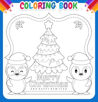 Libro da colorare per bambini pinguini carini che presentano il natale con striscione