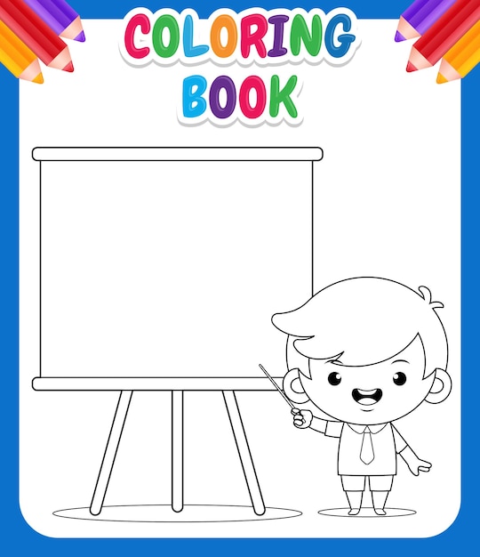 Vector coloring book for kids cute student boy presentation