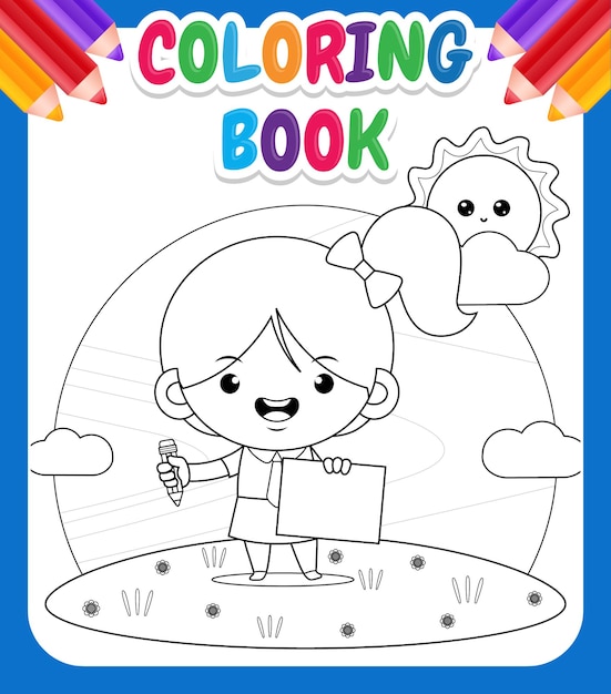 Libro da colorare per bambini studentessa carina con carta e matita