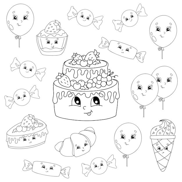 Coloring book for kids. Happy birthday theme. Cheerful characters.