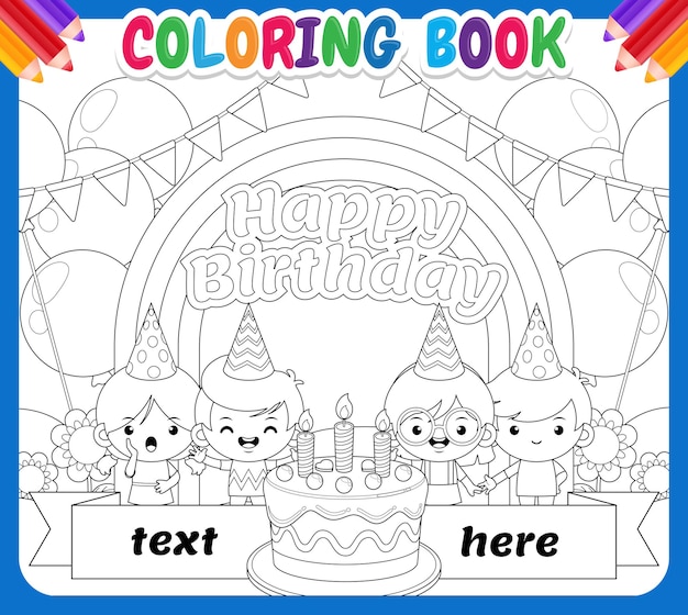 Coloring book for kids. Happy Children Birthday On Rainbow Sky Garden