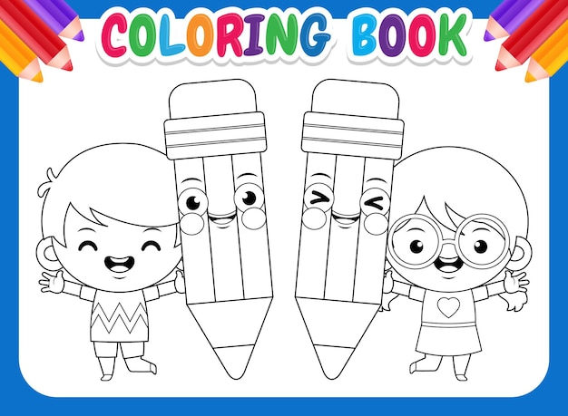 Vector coloring book for kids. happy children and pencils