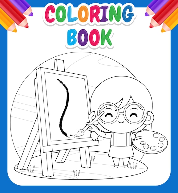 Coloring book for kids. happy cute girl painting