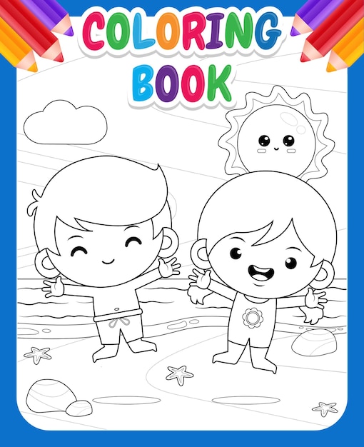 Coloring book for kids happy cute kids jump at beach