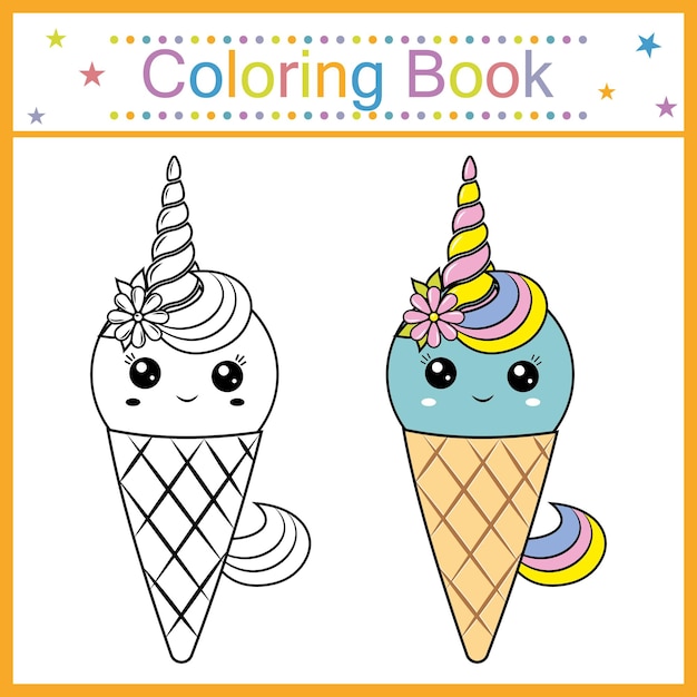 Vector coloring book for kids ice cream kawaii isolated contour illustration