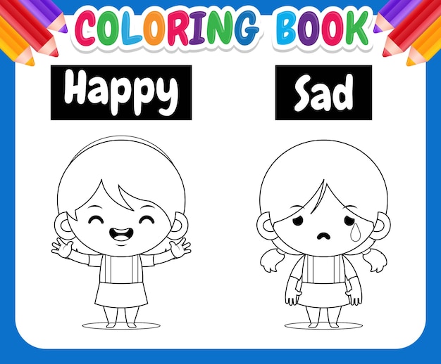 Libro da colorare per l'illustrazione dei bambini con il disegno di una ragazza carina che insegna le parole opposte felici e tristi