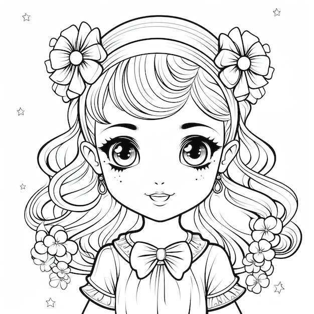 Coloring book for kids little girls with pigtails chibi style