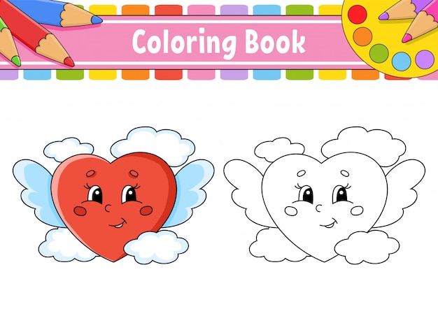 Libro da colorare per bambini. un cuore amorevole con le ali vola tra le nuvole.