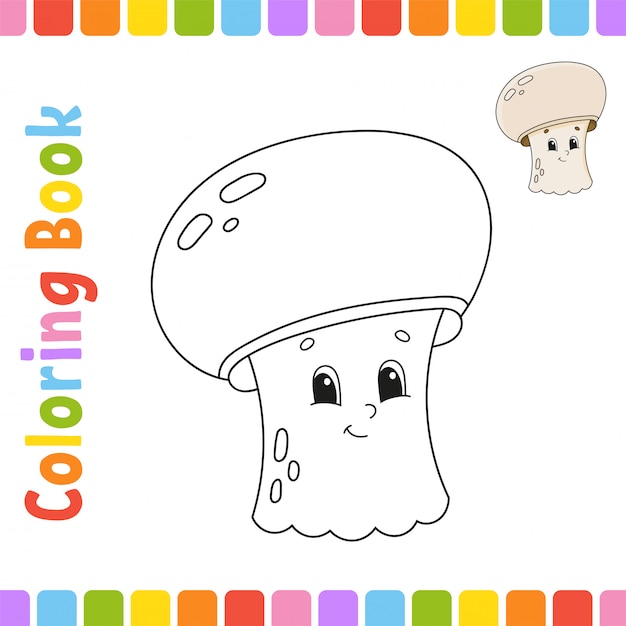 Vettore libro da colorare per bambini. champignon ai funghi. carattere allegro.